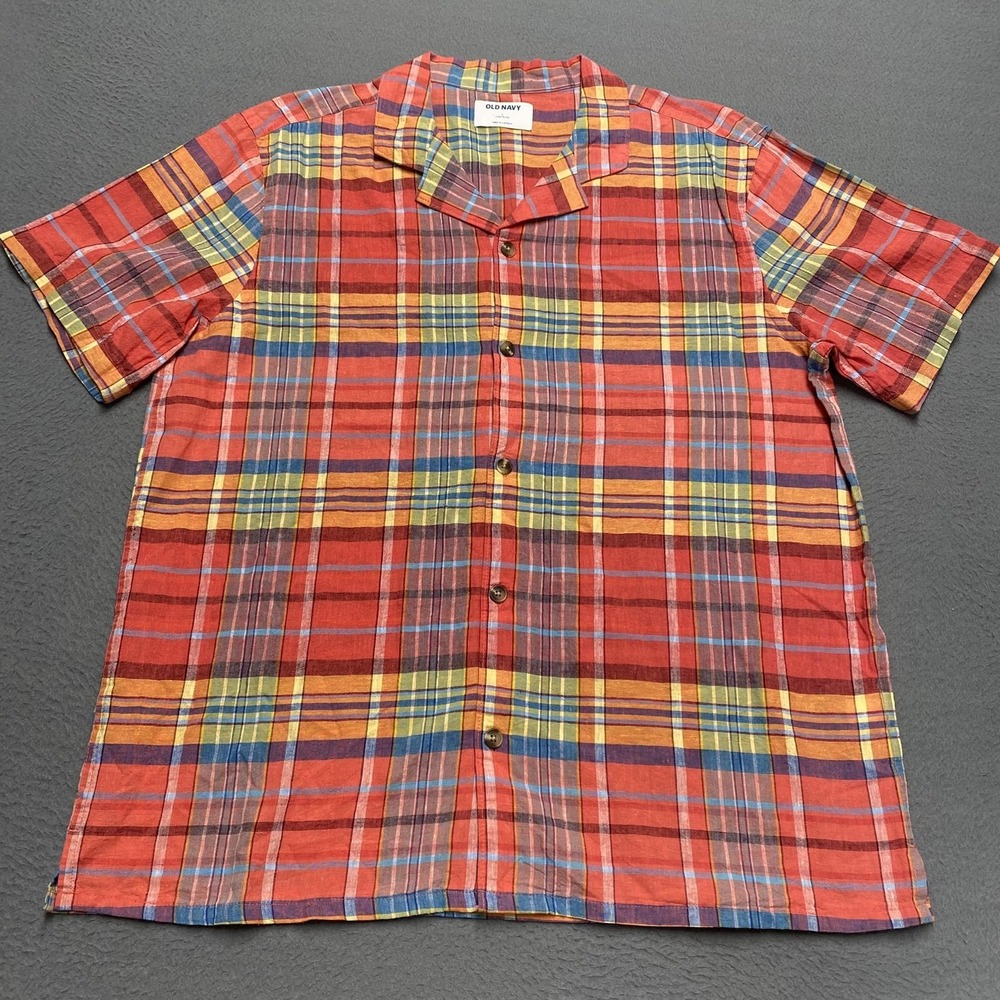 Old Navy Shirt Mens Large Red Plaid Short‎ Sleeve Button Up Linen Blend Casual